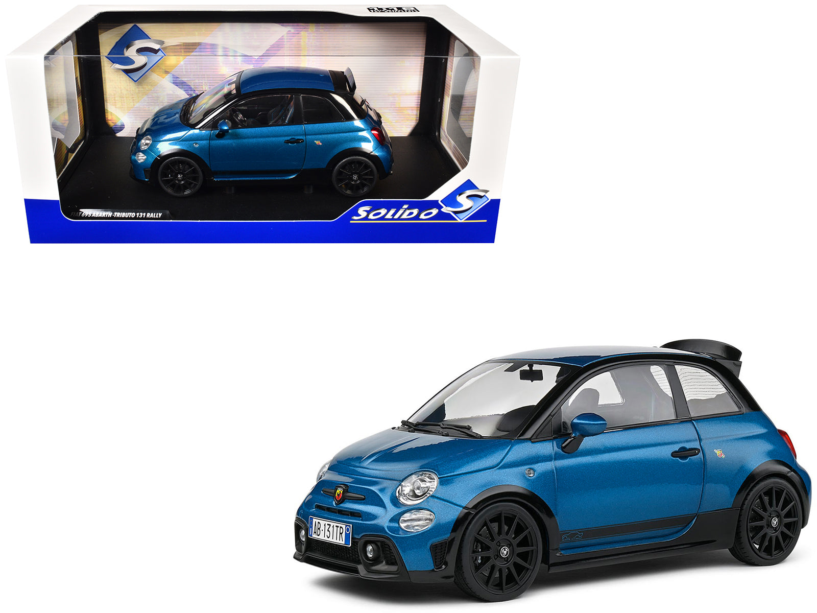 2022 Fiat 695 Abarth "Tributo 131 Rally" Podium Blue Metallic with Black Side Stripes 1/18 Diecast Model Car by Solido