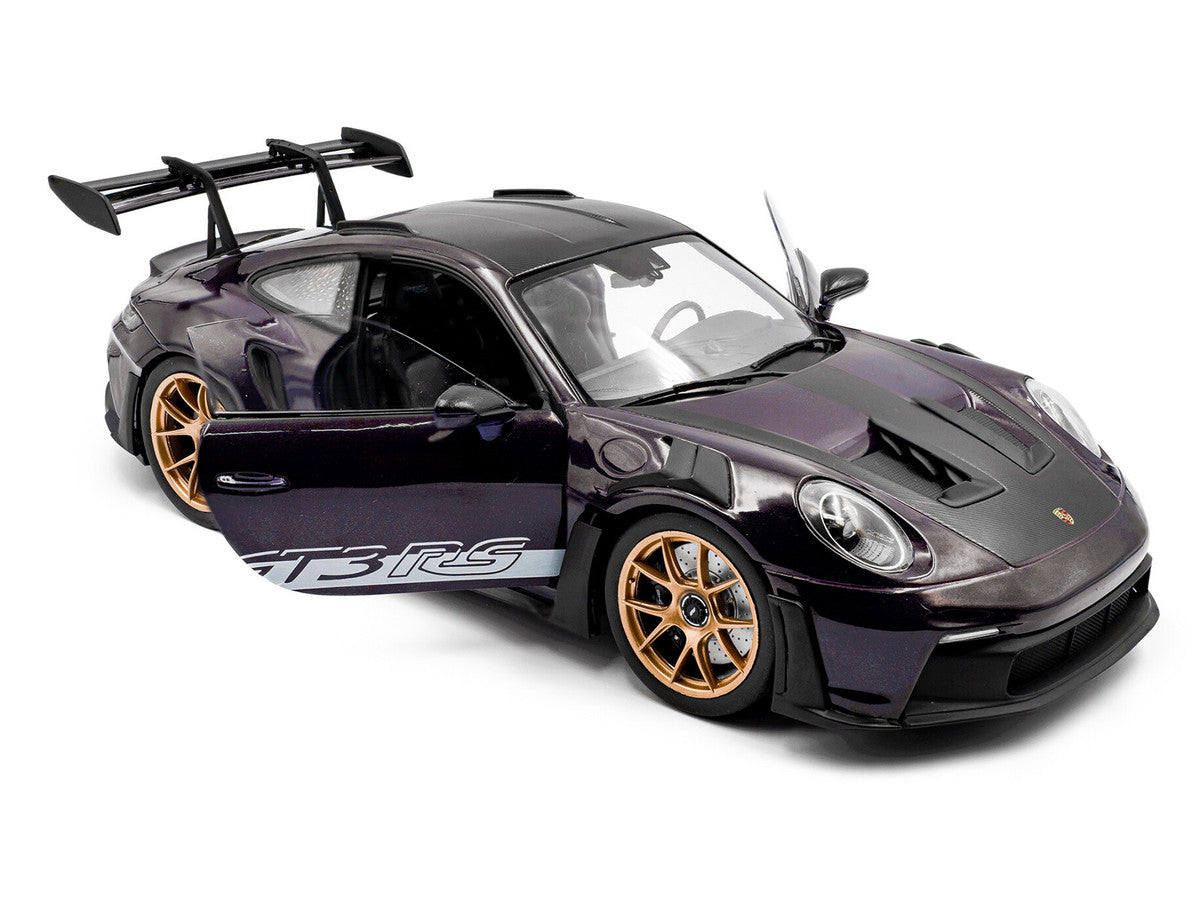 2024 Porsche 911 GT3 RS Weissach Package Viola Purple Metallic with Carbon Hood Stripes and Top 1/18 Diecast Model Car by Solido