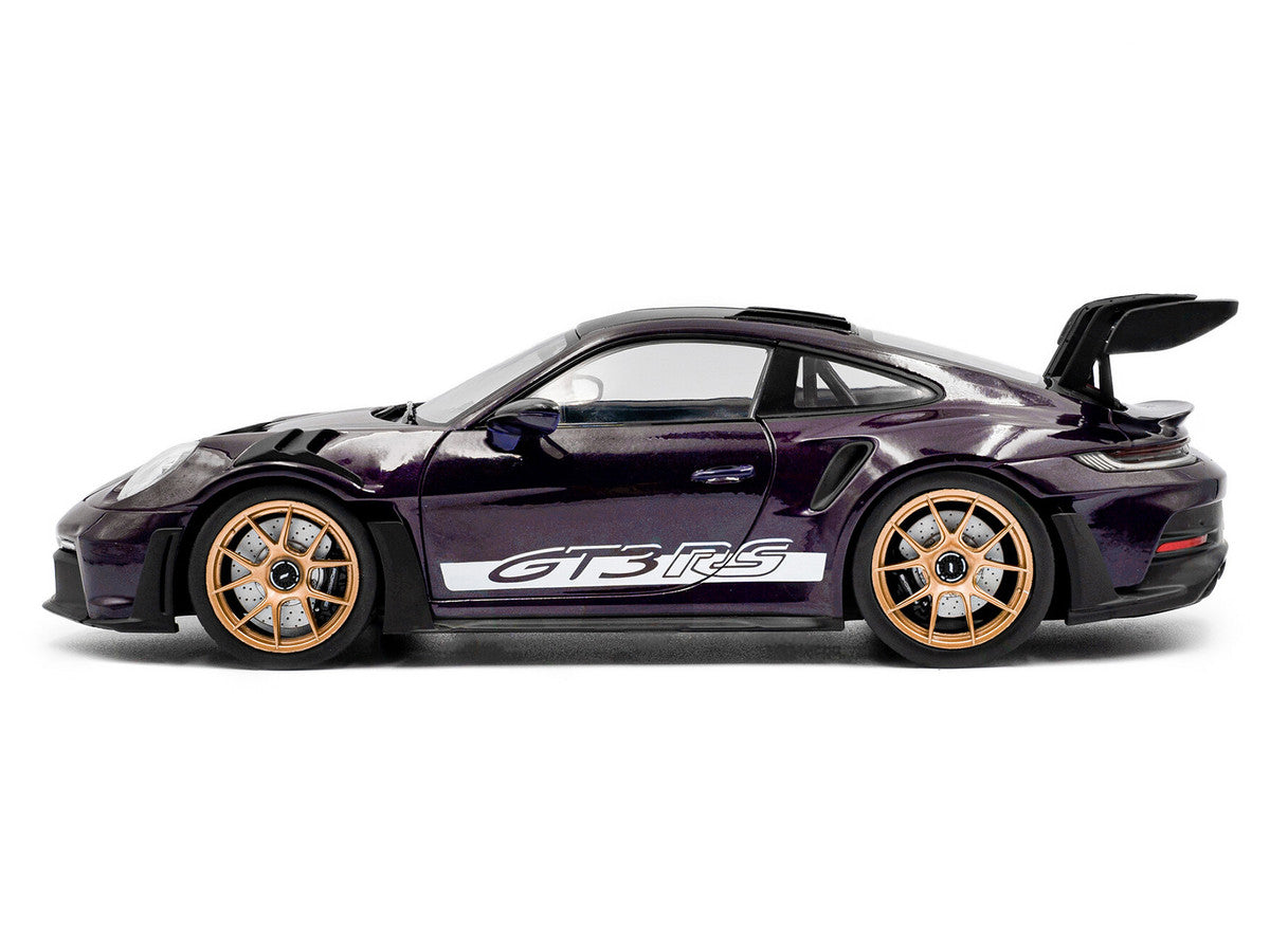2024 Porsche 911 GT3 RS Weissach Package Viola Purple Metallic with Carbon Hood Stripes and Top 1/18 Diecast Model Car by Solido