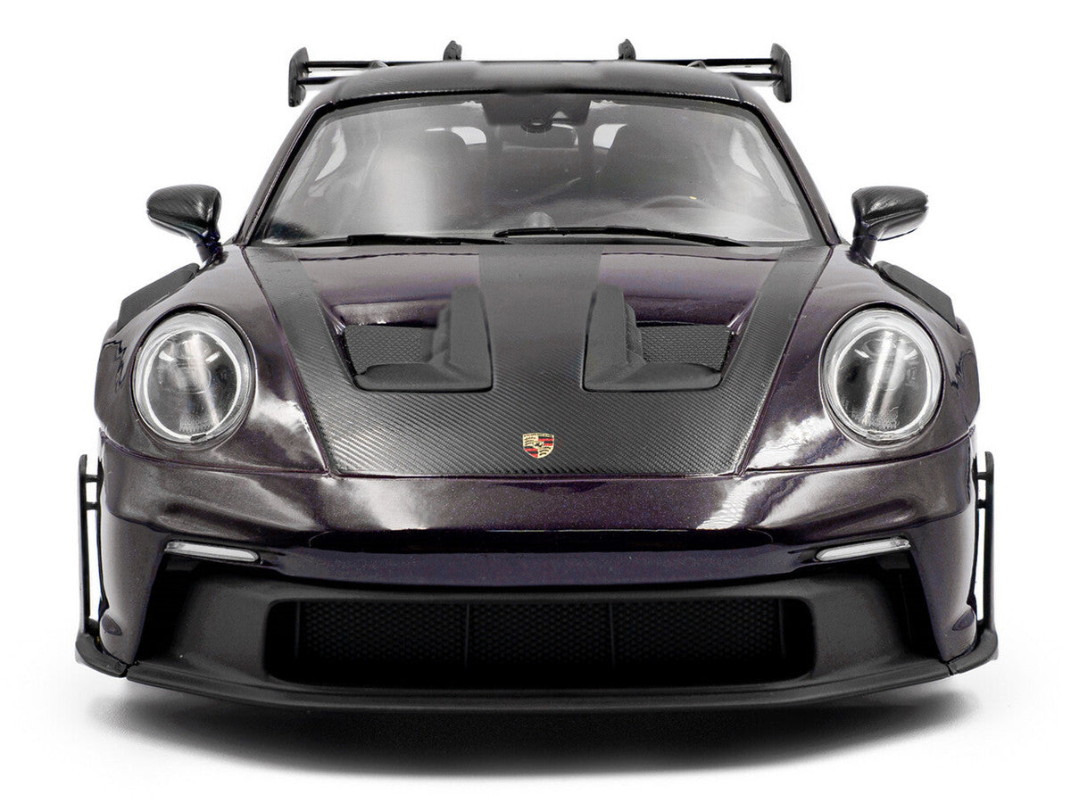 2024 Porsche 911 GT3 RS Weissach Package Viola Purple Metallic with Carbon Hood Stripes and Top 1/18 Diecast Model Car by Solido