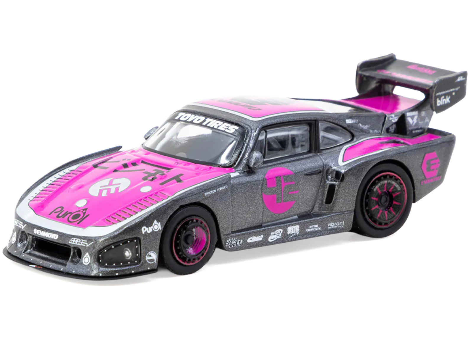 Porsche 935 K3V Bisimoto Gray Metallic with Pink Hood and Top with Tarmac Cards "Hobby64" Series 1/64 Diecast Model by Tarmac Works