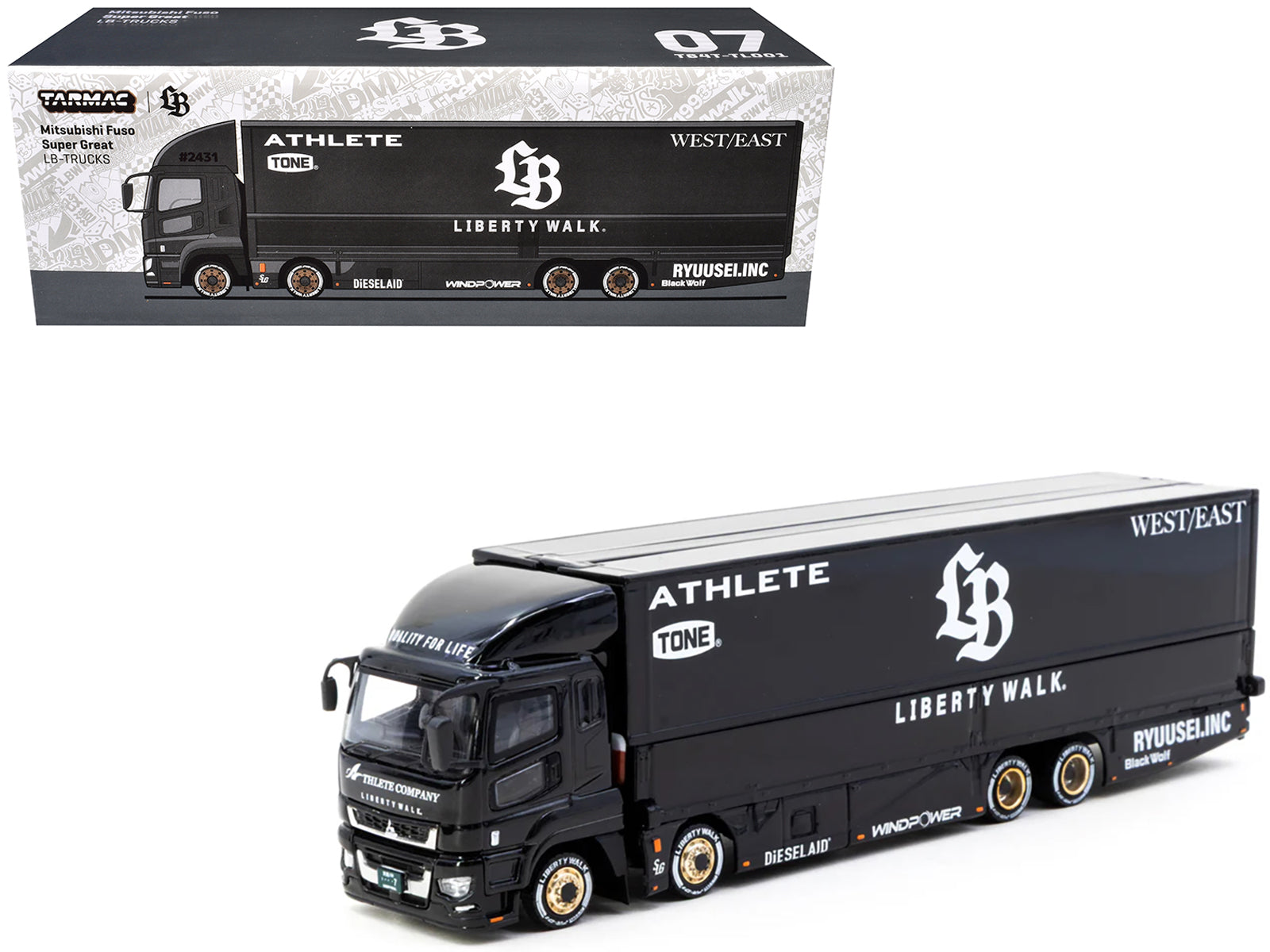 Mitsubishi Fuso Super Great Truck RHD (Right Hand Drive) with Transporter "Liberty Walk" Black "Truck64" Series 1/64 Diecast Model Car by Tarmac Works