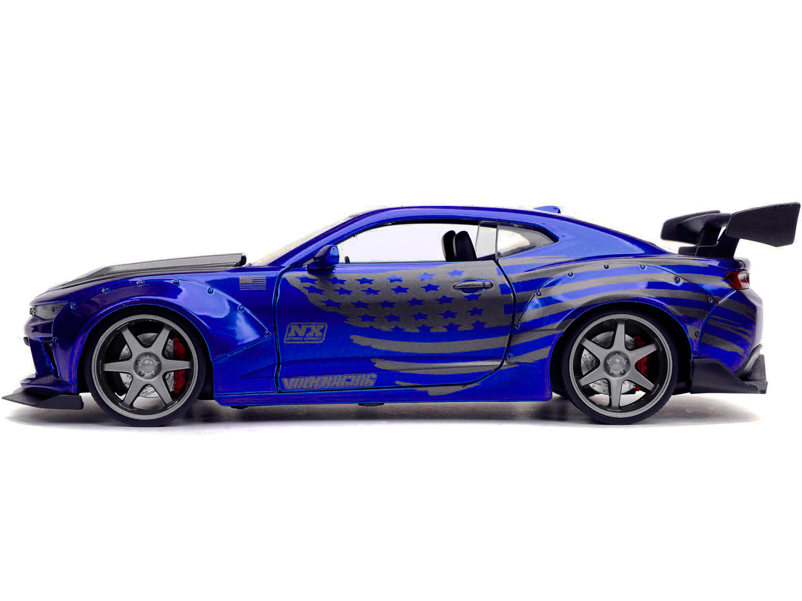 2016 Chevrolet Camaro Widebody Candy Blue with Gray Metallic Hood and American Flag Graphics "Bigtime Muscle" Series 1/24 Diecast Model Car by Jada