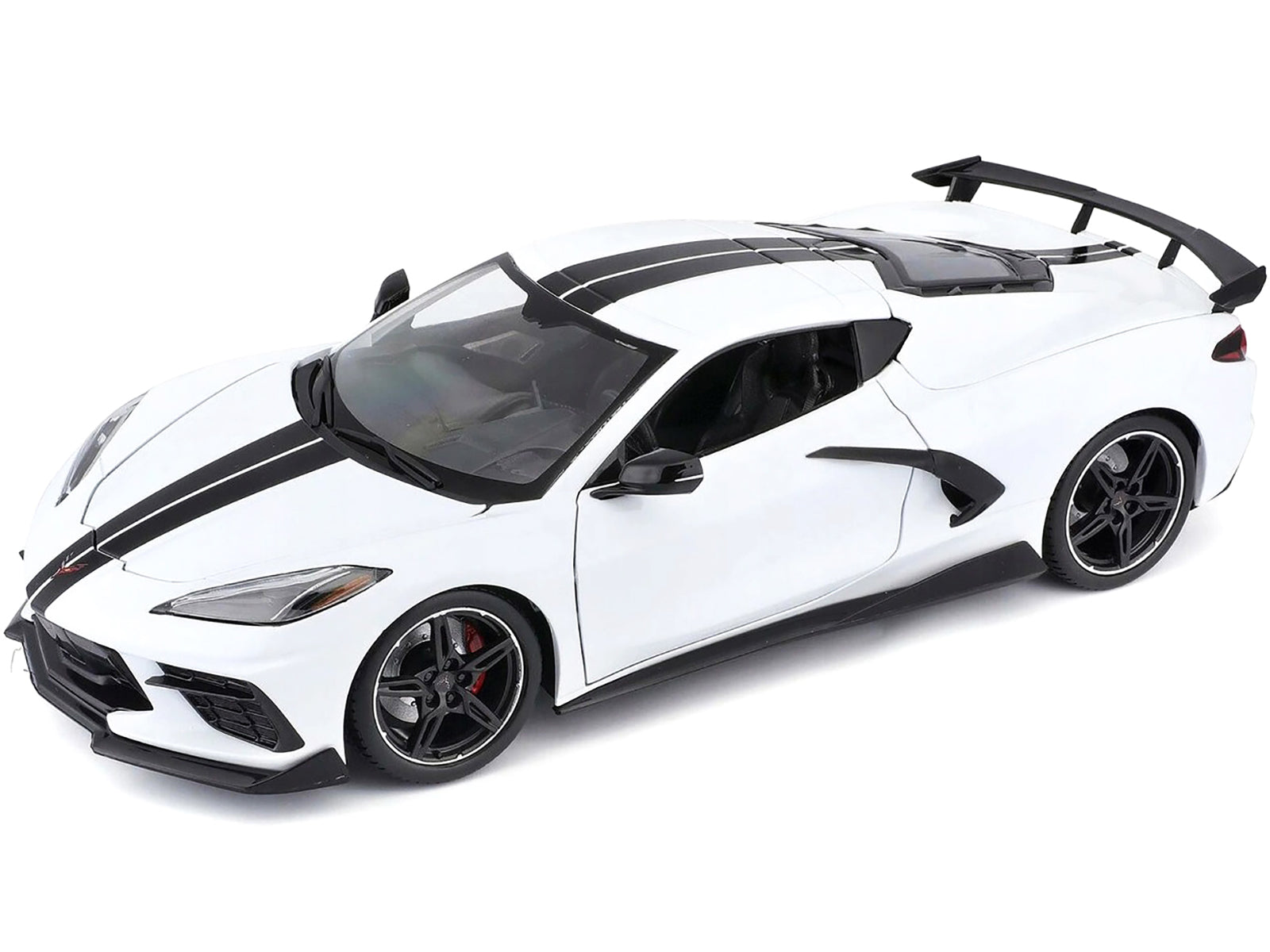 2020 Chevrolet Corvette Stingray C8 Coupe with High Wing White with Black Stripes 1/18 Diecast Model Car by Maisto