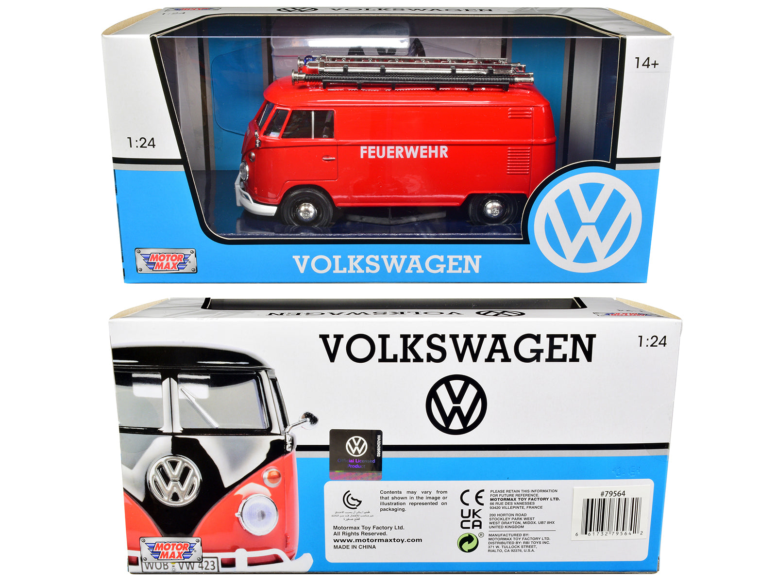 Volkswagen Type 2 (T1) Fire Van "Feuerwehr" Red 1/24 Diecast Model Car by Motormax